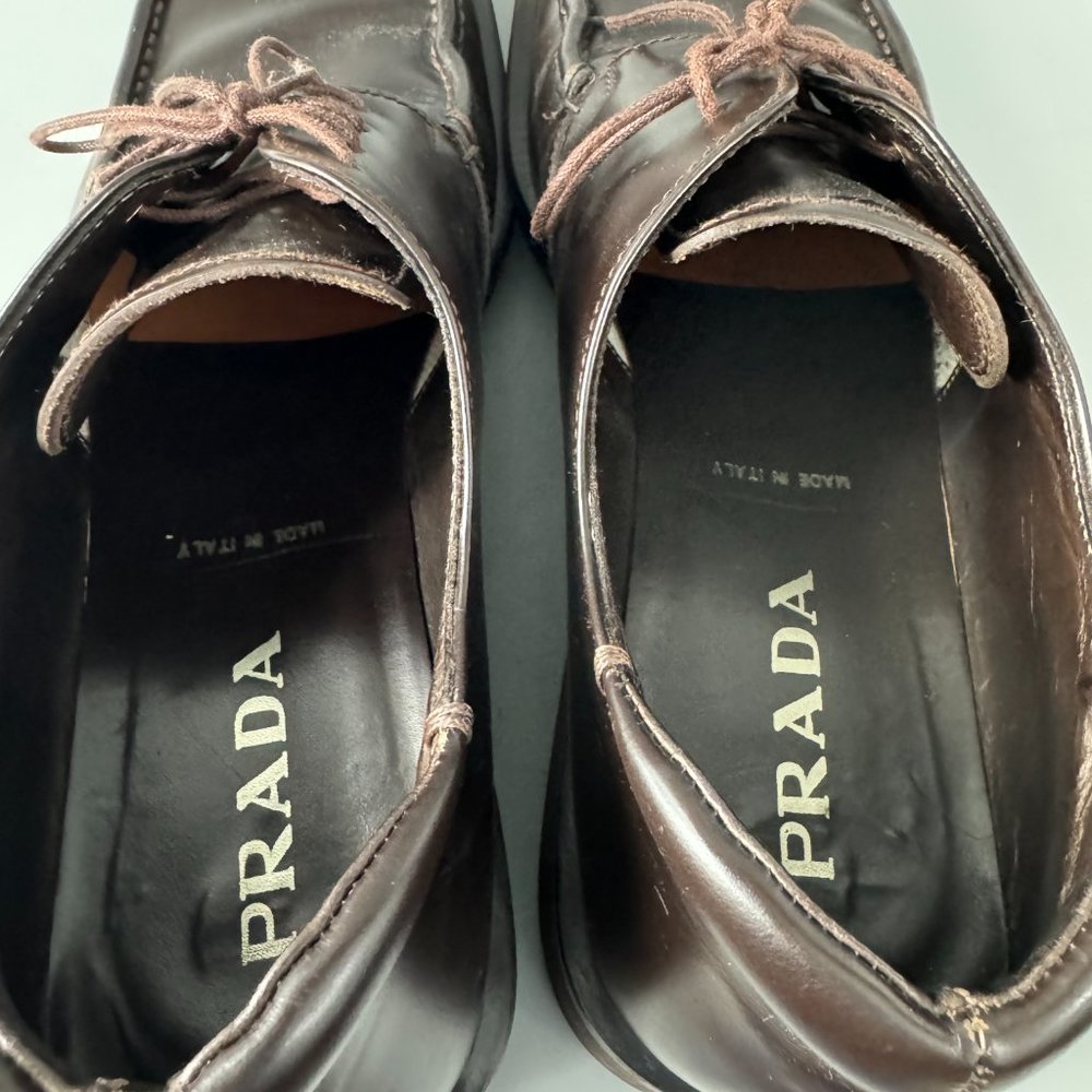 100% Authentic Prada Squared-Toe Brown Leather Ox… - image 7